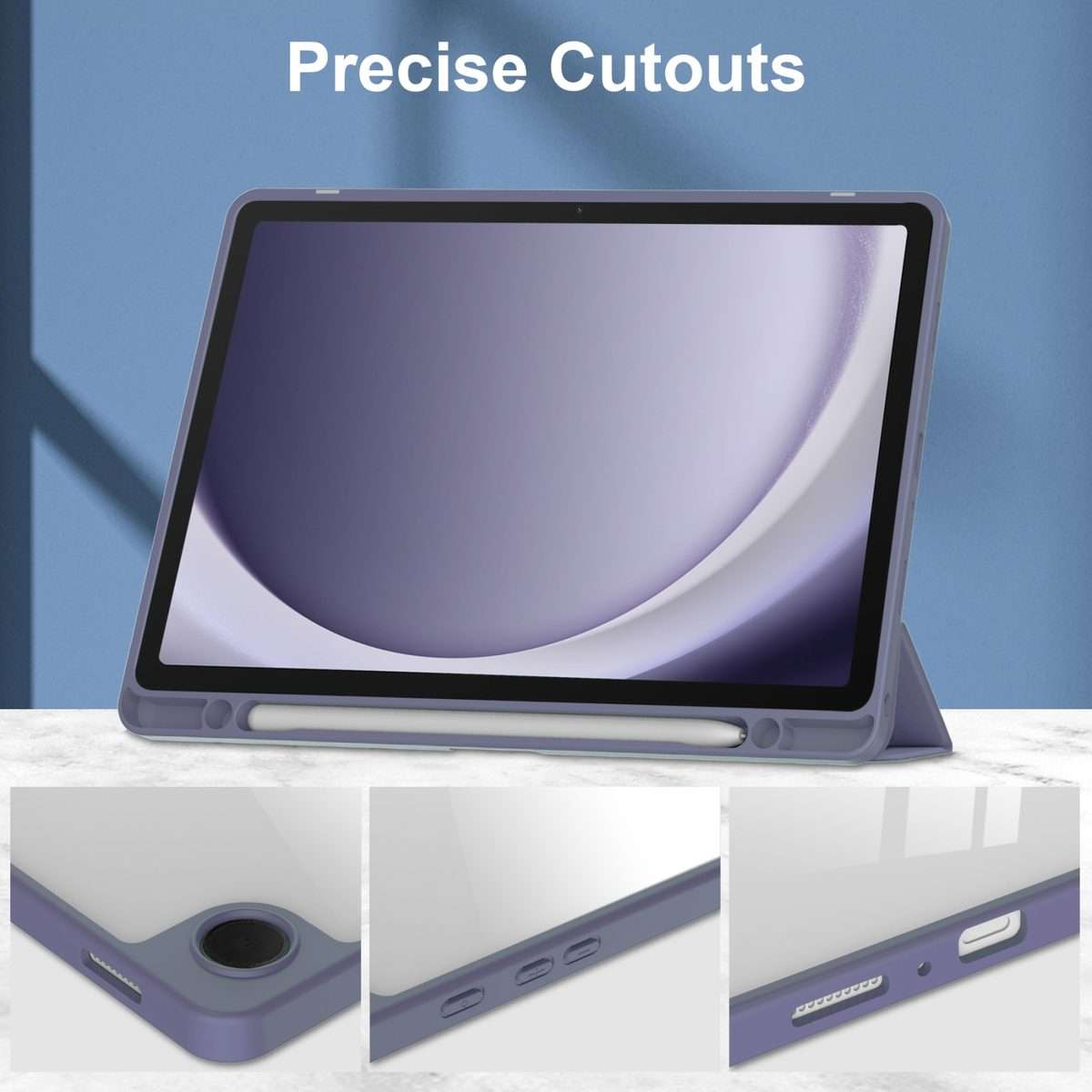For Samsung Galaxy Tab A9+ Acrylic 3-folding Smart Leather Tablet Case with Pen Slot(Lavender)