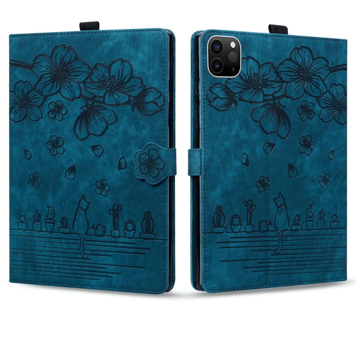 For iPad Pro 11 2022 / Air 10.9 2022 Cartoon Sakura Cat Embossed Smart Leather Tablet Case(Blue)