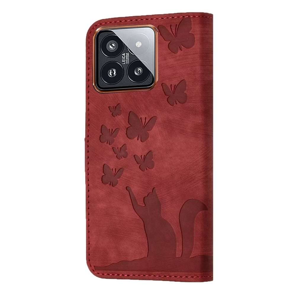 For Xiaomi 14 Pro Butterfly Cat Embossing Flip Leather Phone Case(Red)