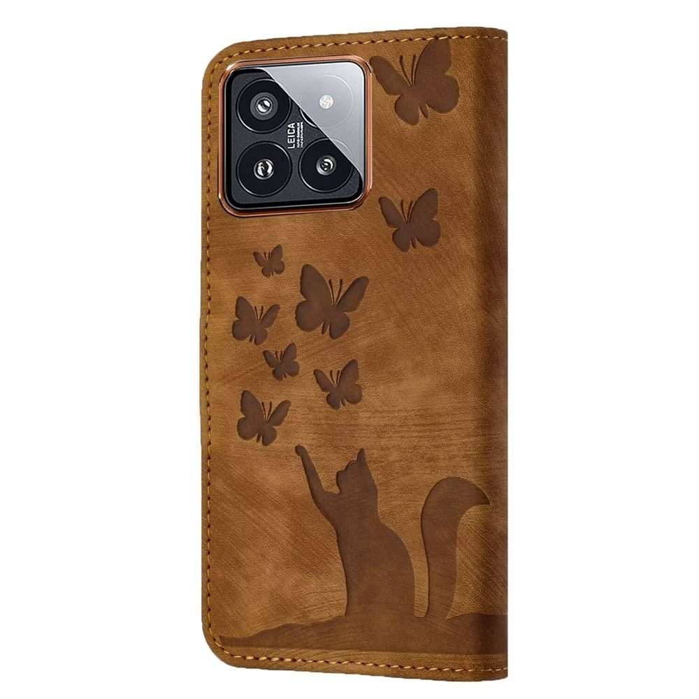 For Xiaomi 14 Pro Butterfly Cat Embossing Flip Leather Phone Case(Brown)