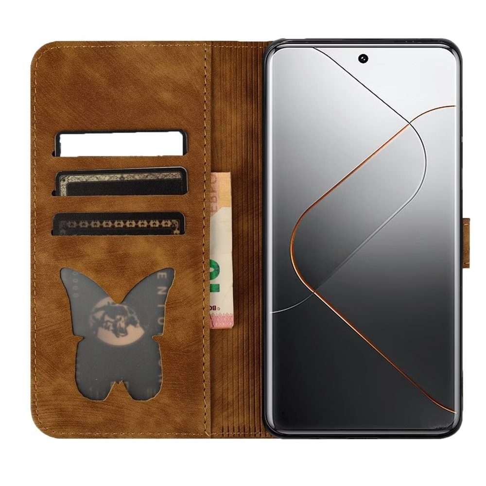 For Xiaomi 14 Pro Butterfly Cat Embossing Flip Leather Phone Case(Brown)