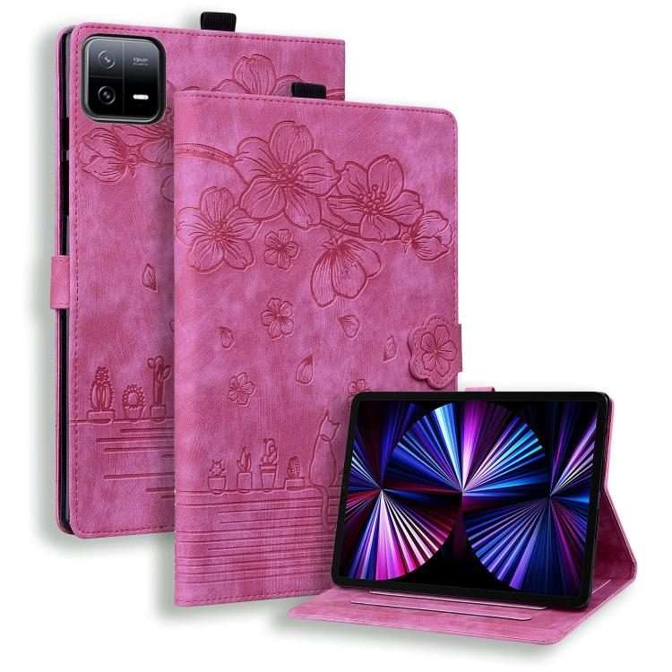 For Xiaomi Pad 8 / 8 Pro / 7 / 7 Pro Cartoon Sakura Cat Embossed Leather Tablet Case(Rose Red)
