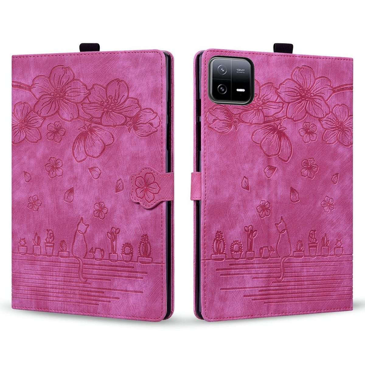 For Xiaomi Pad 8 / 8 Pro / 7 / 7 Pro Cartoon Sakura Cat Embossed Leather Tablet Case(Rose Red)