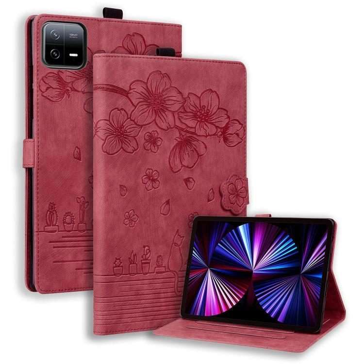 For Xiaomi Pad 8 / 8 Pro / 7 / 7 Pro Cartoon Sakura Cat Embossed Leather Tablet Case(Red)