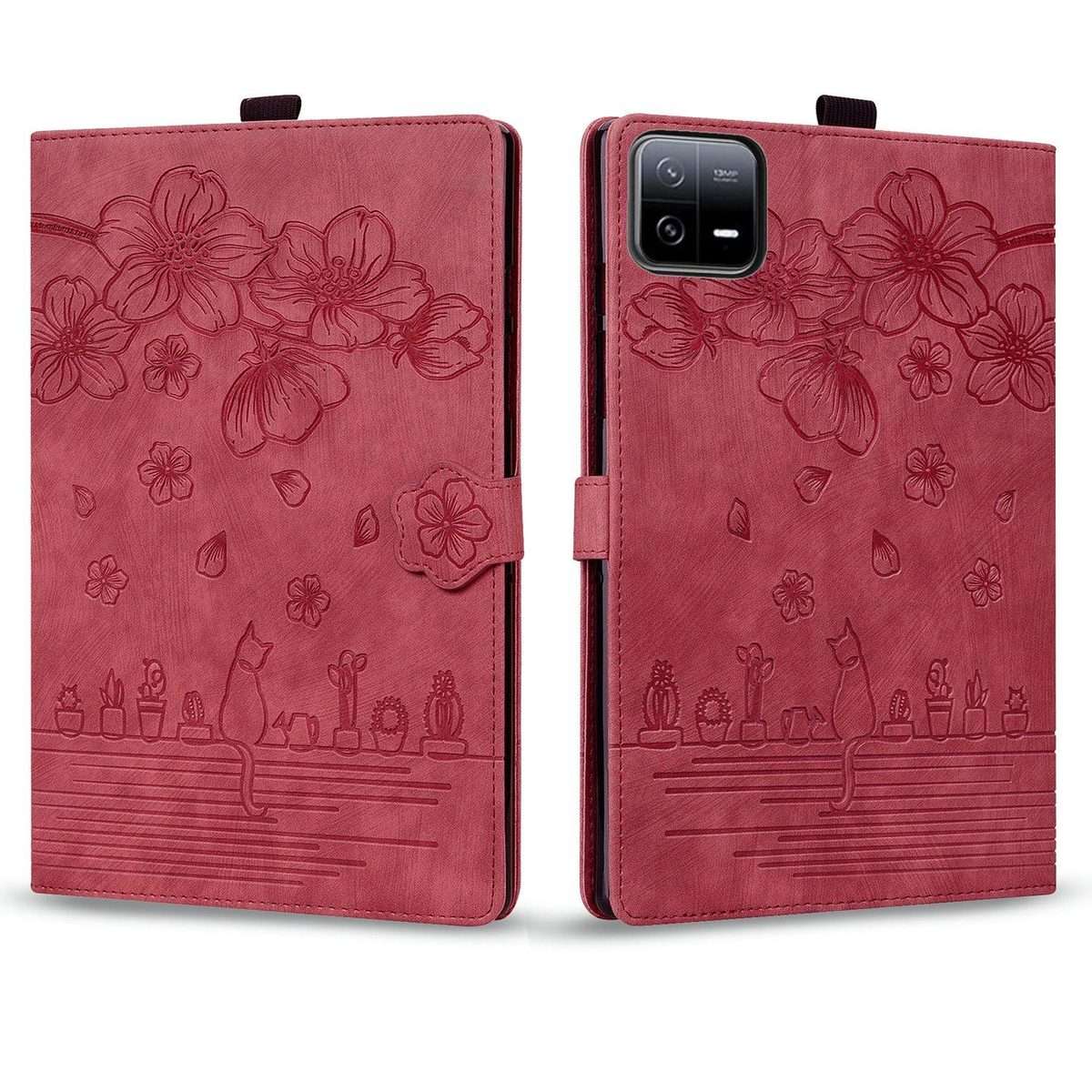 For Xiaomi Pad 8 / 8 Pro / 7 / 7 Pro Cartoon Sakura Cat Embossed Leather Tablet Case(Red)