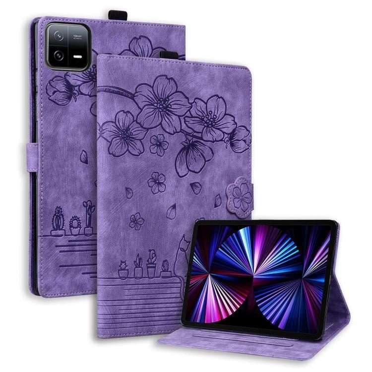 For Xiaomi Pad 8 / 8 Pro / 7 / 7 Pro Cartoon Sakura Cat Embossed Leather Tablet Case(Purple)