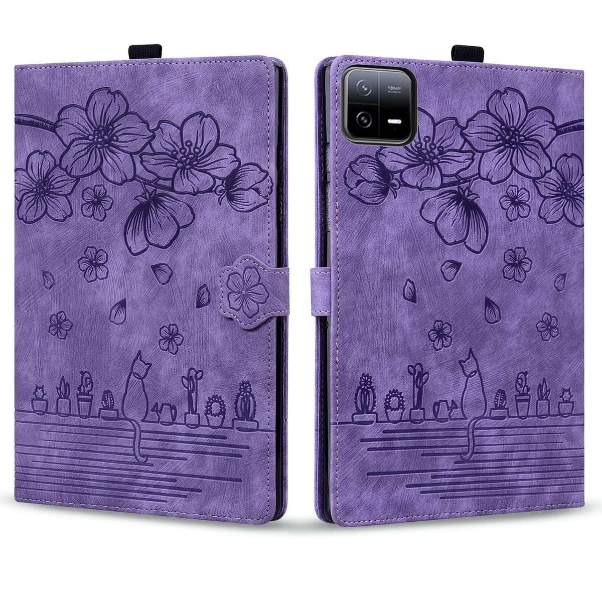 For Xiaomi Pad 8 / 8 Pro / 7 / 7 Pro Cartoon Sakura Cat Embossed Leather Tablet Case(Purple)