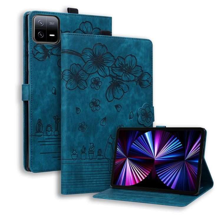 For Xiaomi Pad 8 / 8 Pro / 7 / 7 Pro Cartoon Sakura Cat Embossed Leather Tablet Case(Blue)