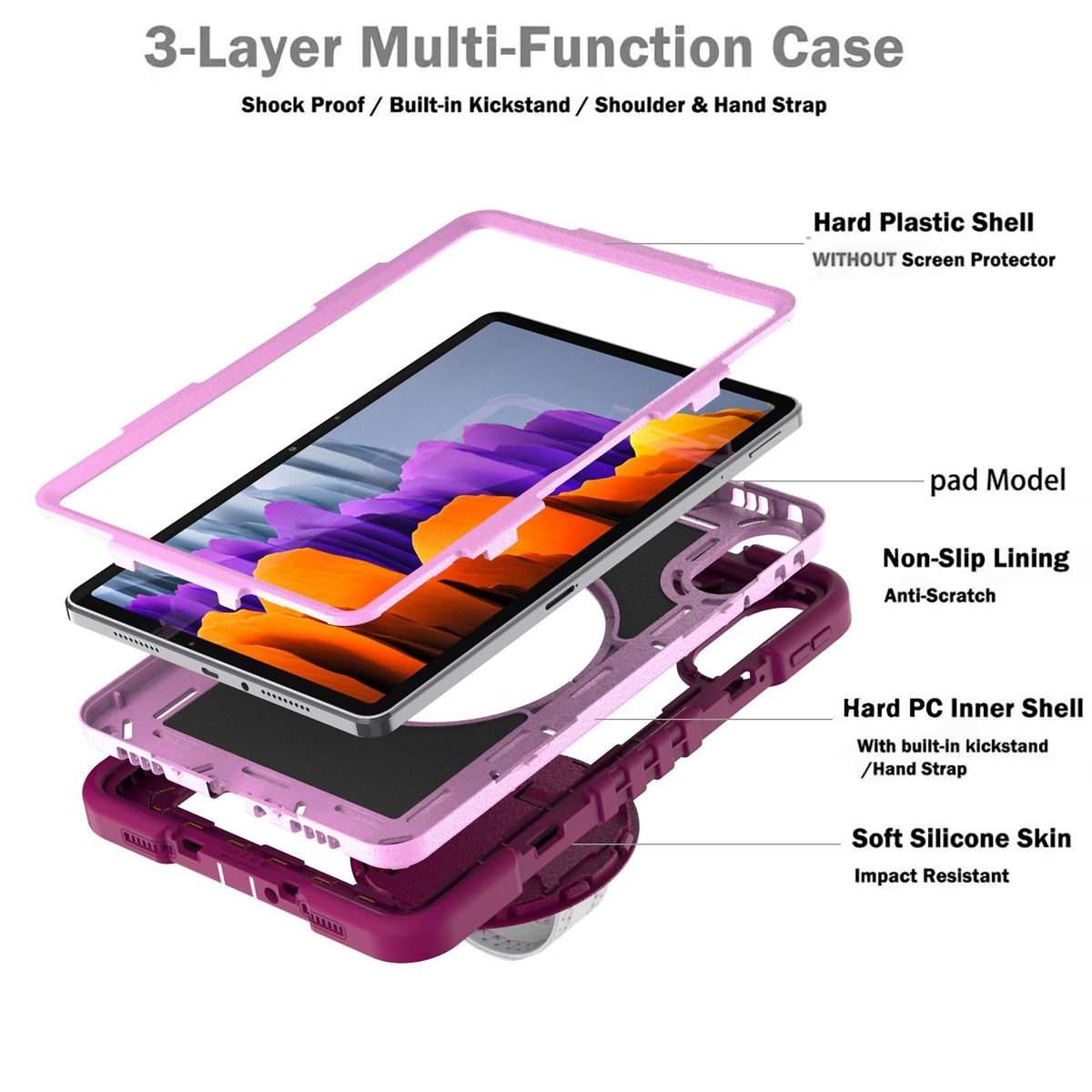 For Xiaomi Redmi Pad 2 360 Degree Rotation PC Contrast Silicone Tablet Case(Rose Red + Pink)