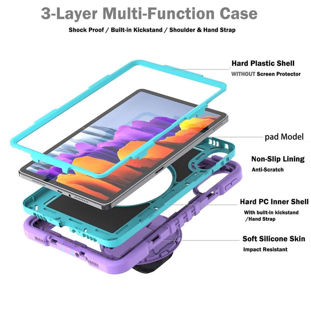 For Xiaomi Redmi Pad 2 360 Degree Rotation PC Contrast Silicone Tablet Case(Purple + Mint Green)