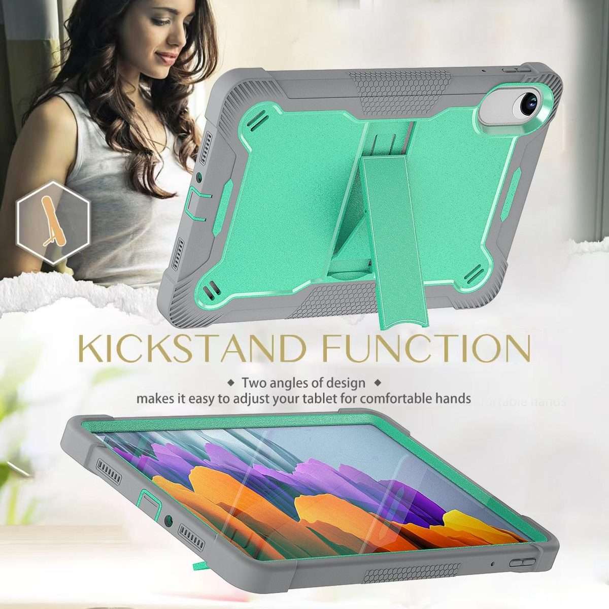 For Xiaomi Redmi Pad 2 Shockproof Silicone Hybrid PC Tablet Case with Holder(Mint Green + Grey)