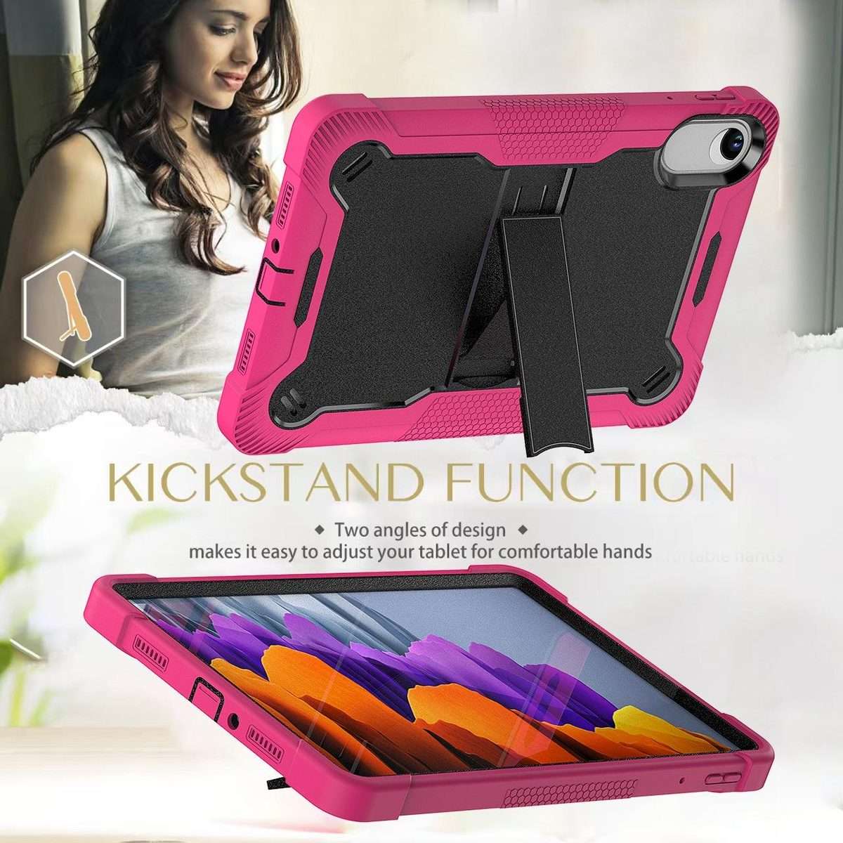 For Xiaomi Redmi Pad 2 Shockproof Silicone Hybrid PC Tablet Case with Holder(Black + Rose Red)