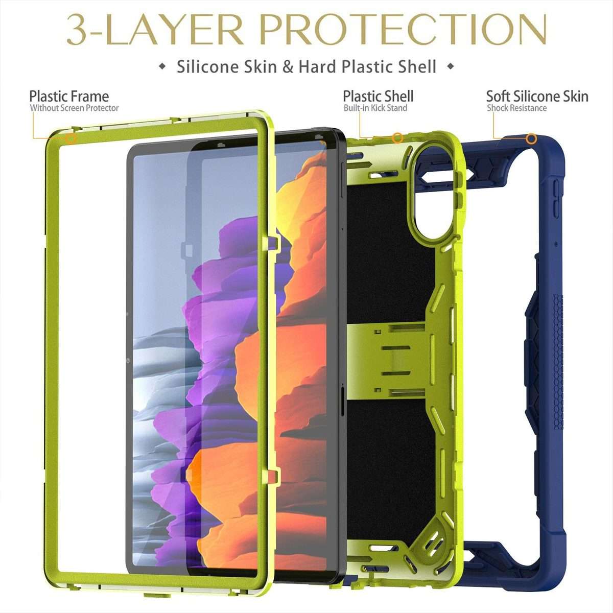 For Xiaomi Redmi Pad 2 Shockproof Silicone Hybrid PC Tablet Case wi ... (Yellow Green + Navy Blue)