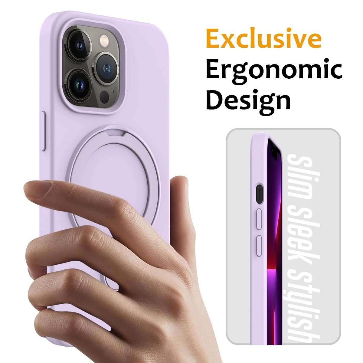 For iPhone 13 Pro Max Liquid Silicone MagSafe Magnetic Phone Case with Ring Holder(Lilac Purple)
