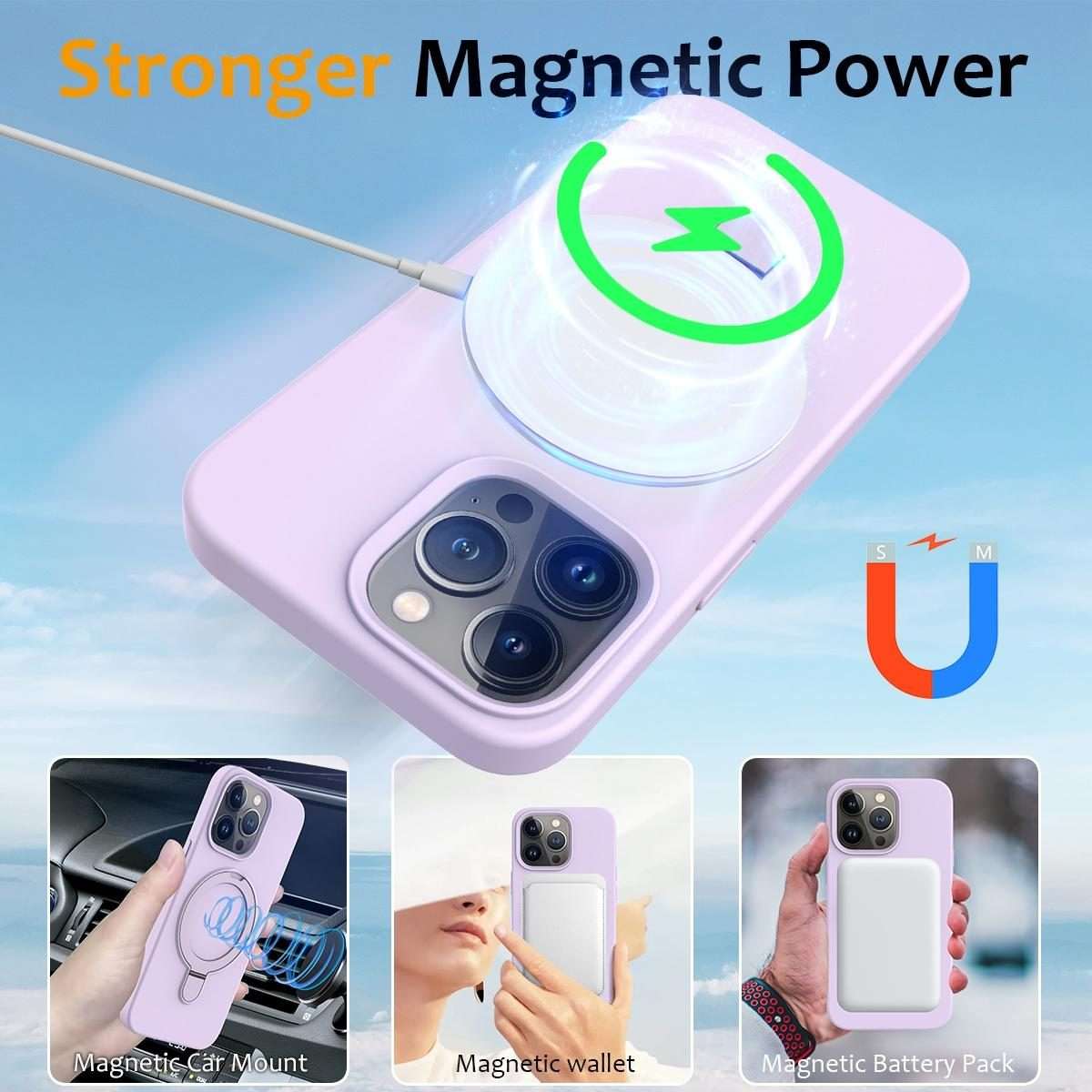 For iPhone 13 Pro Max Liquid Silicone MagSafe Magnetic Phone Case with Ring Holder(Lilac Purple)