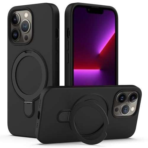 For iPhone 13 Pro Liquid Silicone MagSafe Magnetic Phone Case with Ring Holder(Black)