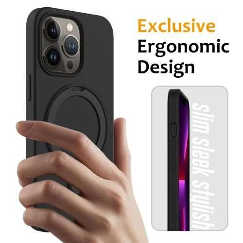 For iPhone 13 Pro Liquid Silicone MagSafe Magnetic Phone Case with Ring Holder(Black)
