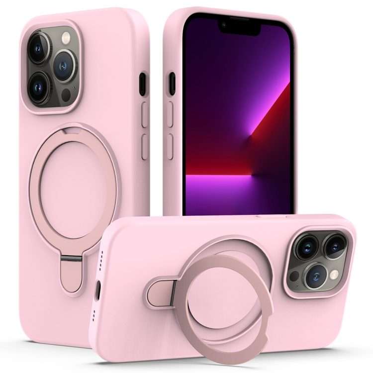 For iPhone 14 Pro Max Liquid Silicone MagSafe Magnetic Phone Case with Ring Holder(Grey Pink)