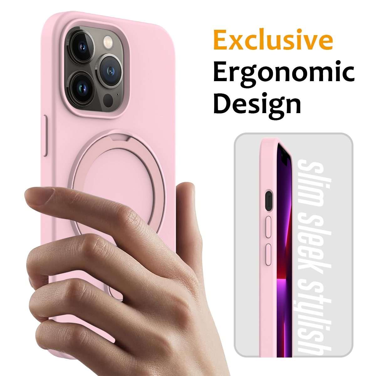 For iPhone 14 Pro Liquid Silicone MagSafe Magnetic Phone Case with Ring Holder(Grey Pink)