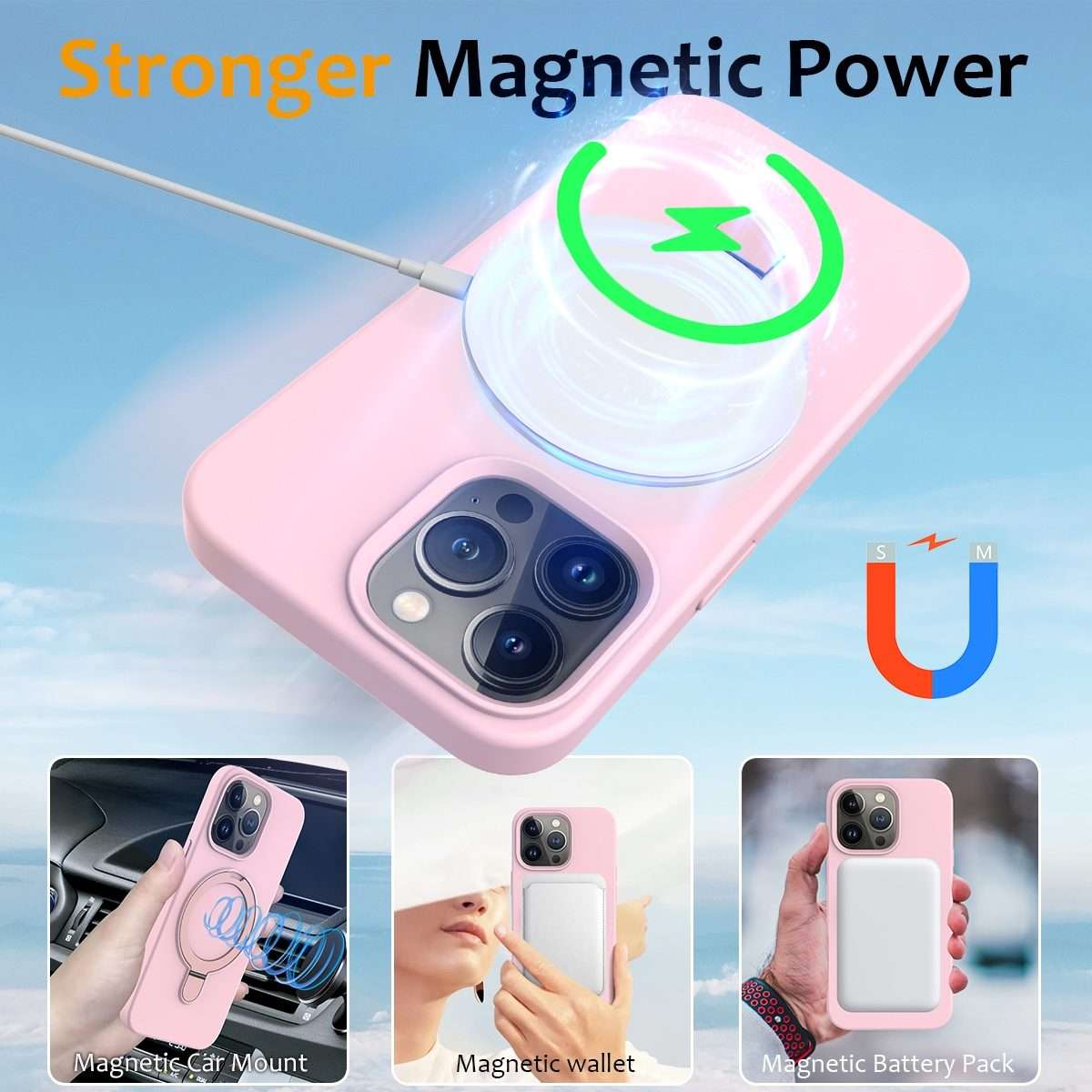 For iPhone 14 Pro Liquid Silicone MagSafe Magnetic Phone Case with Ring Holder(Grey Pink)
