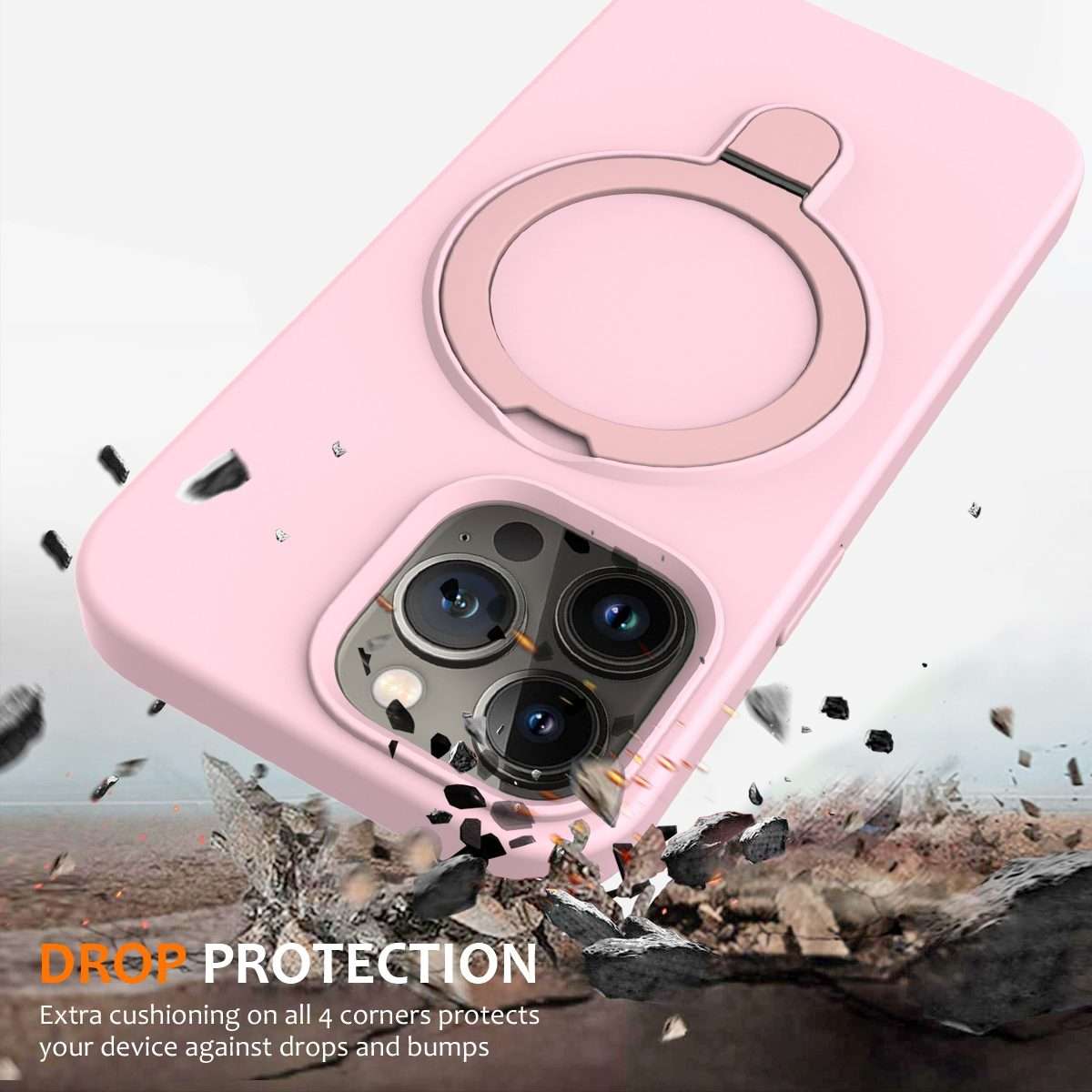 For iPhone 14 Pro Liquid Silicone MagSafe Magnetic Phone Case with Ring Holder(Grey Pink)