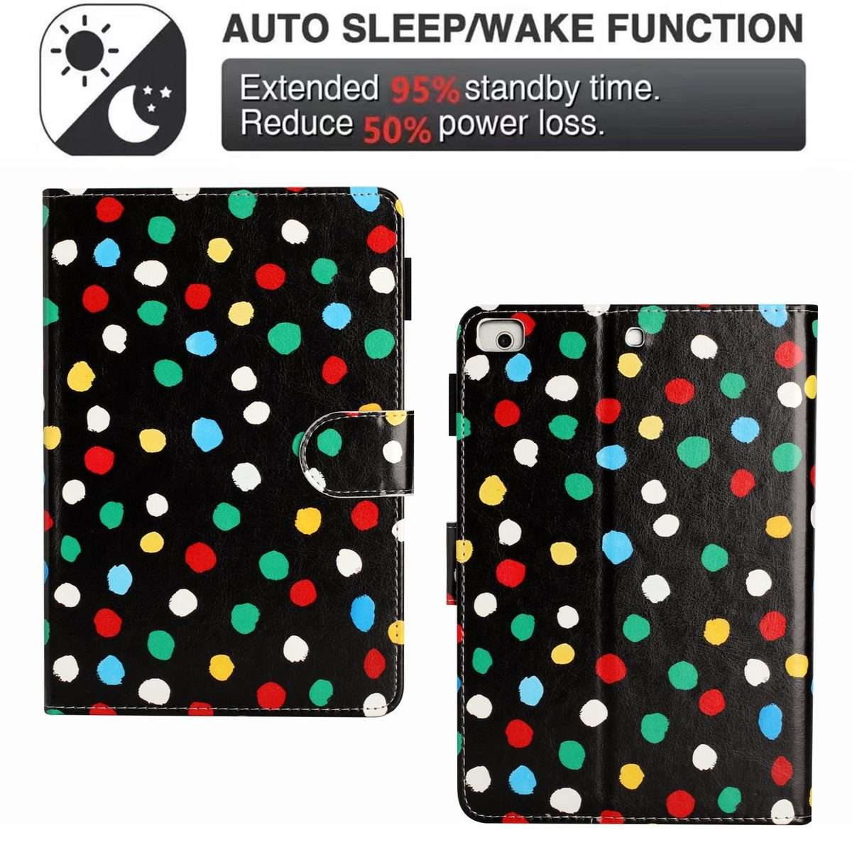 For iPad mini 5 / 4 / 3 / 2 / 1 Dot Pattern Leather Smart Tablet Case(Black Colorful)