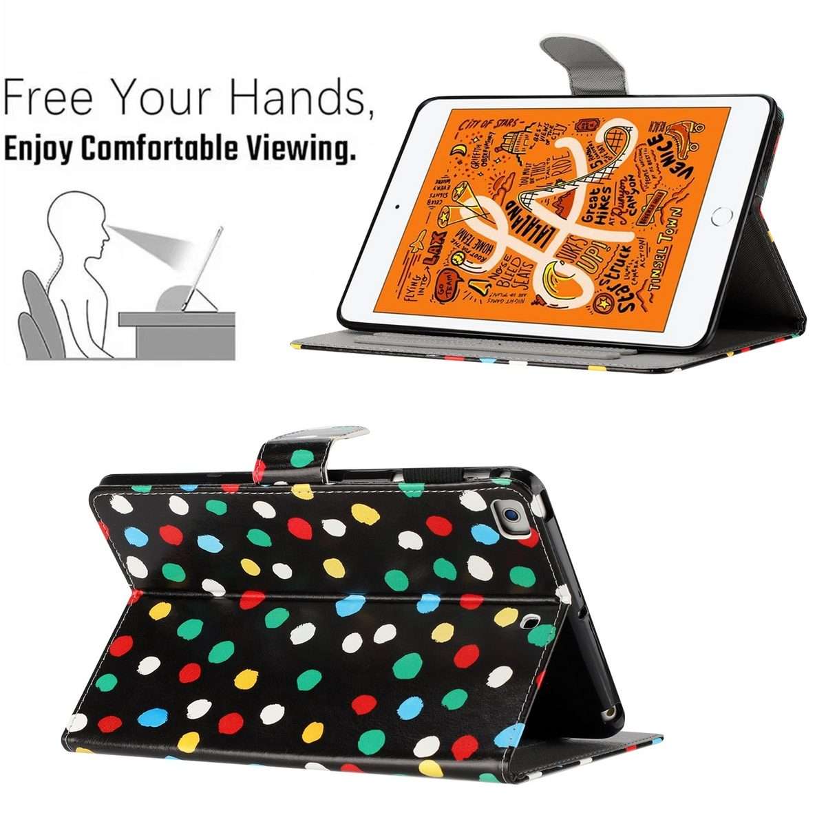 For iPad mini 5 / 4 / 3 / 2 / 1 Dot Pattern Leather Smart Tablet Case(Black Colorful)