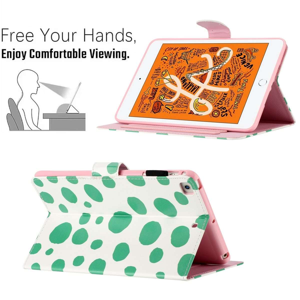 For iPad mini 5 / 4 / 3 / 2 / 1 Dot Pattern Leather Smart Tablet Case(White Green Dot)