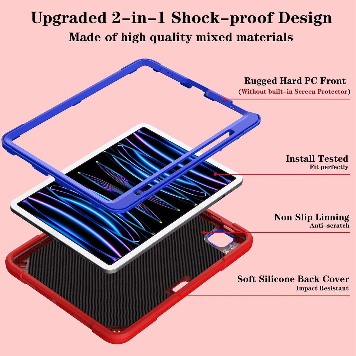 For iPad Air 2022 10.9 / Pro 11 2022 Punk Stand PC Hybrid Silicone Tablet Case with ... (Red Blue)