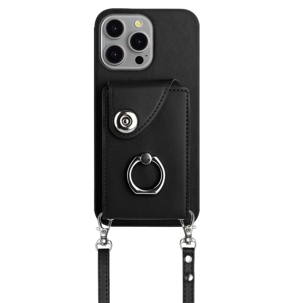 For iPhone 15 Pro Max Organ Card Bag Ring Holder Phone Case with Long Lanyard(Black)
