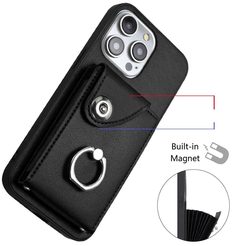 For iPhone 15 Pro Max Organ Card Bag Ring Holder Phone Case with Long Lanyard(Black)