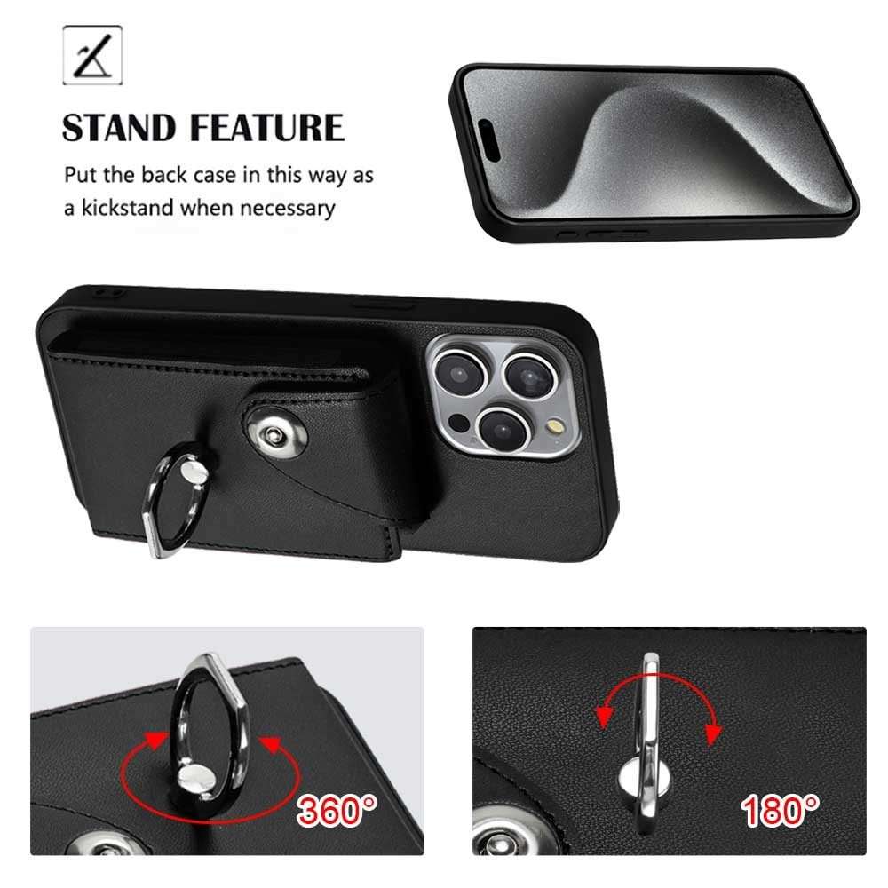 For iPhone 15 Pro Max Organ Card Bag Ring Holder Phone Case with Long Lanyard(Black)