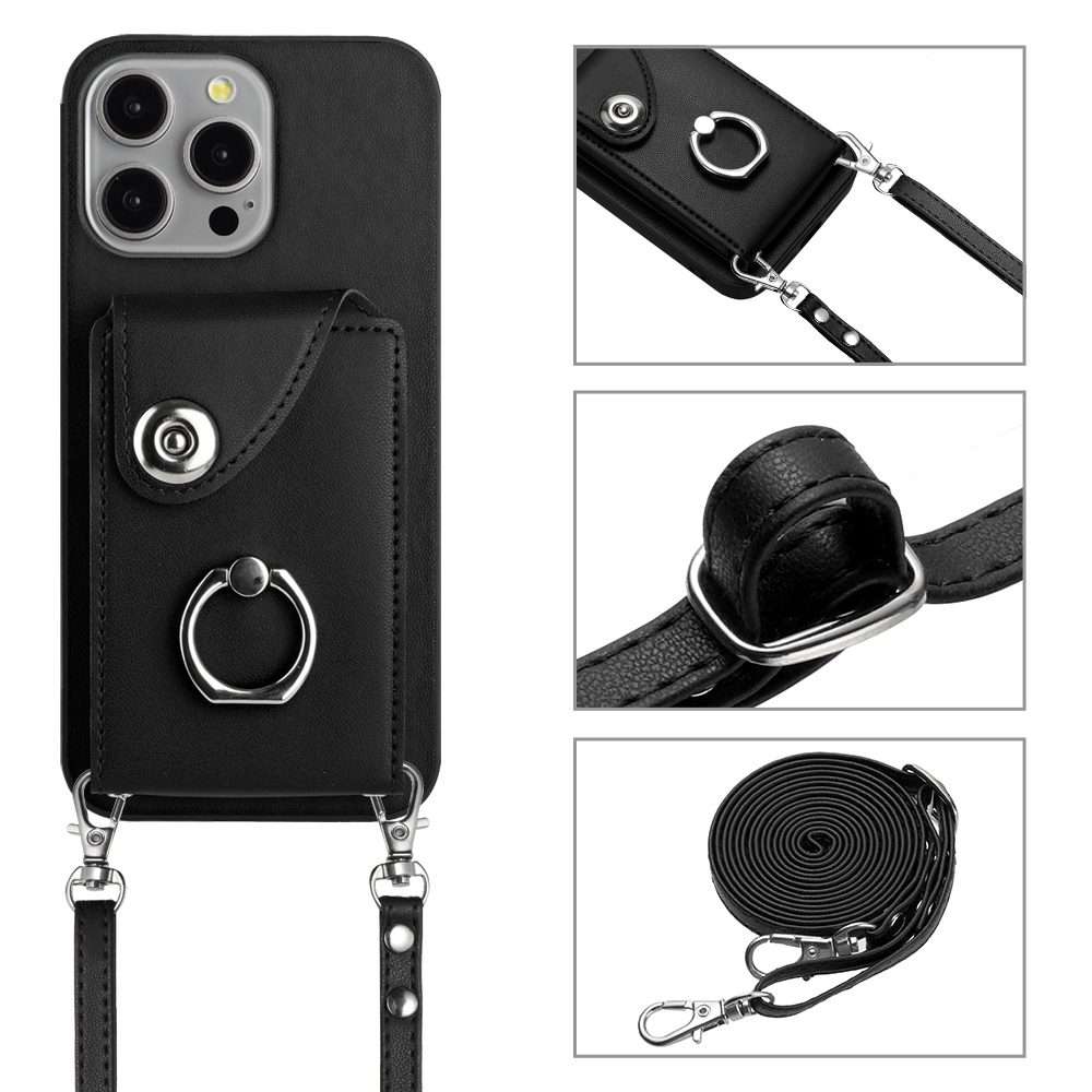 For iPhone 15 Pro Max Organ Card Bag Ring Holder Phone Case with Long Lanyard(Black)