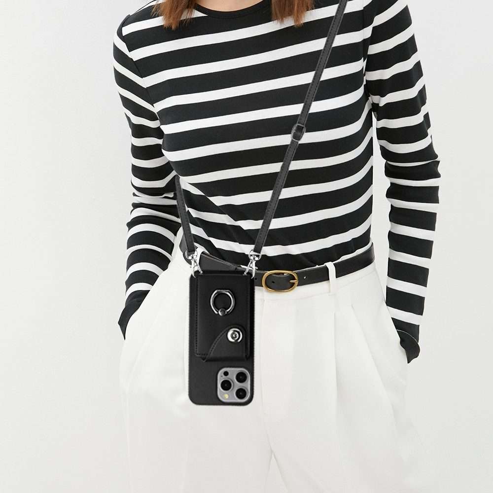 For iPhone 15 Pro Max Organ Card Bag Ring Holder Phone Case with Long Lanyard(Black)