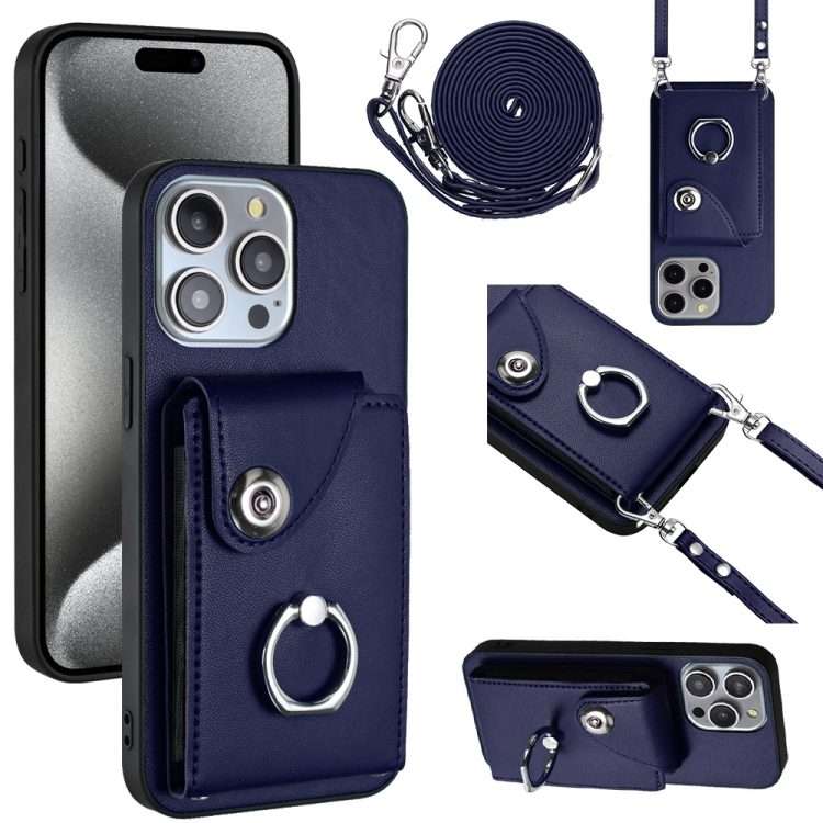 For iPhone 14 Pro Organ Card Bag Ring Holder Phone Case with Long Lanyard(Blue)