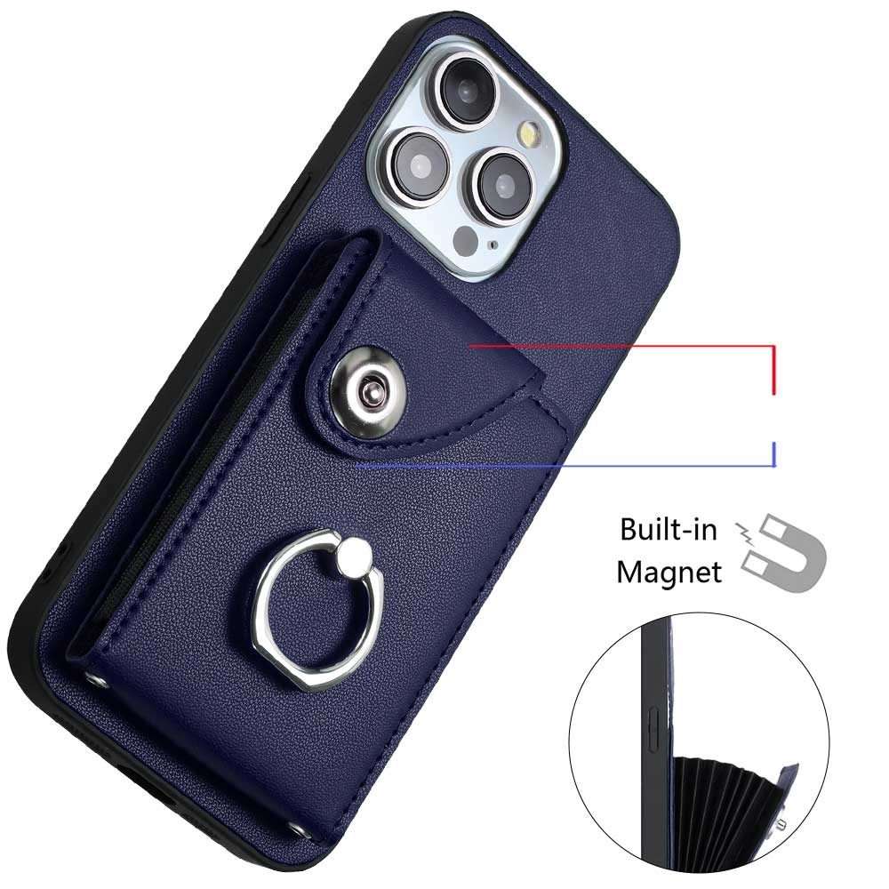 For iPhone 14 Pro Organ Card Bag Ring Holder Phone Case with Long Lanyard(Blue)