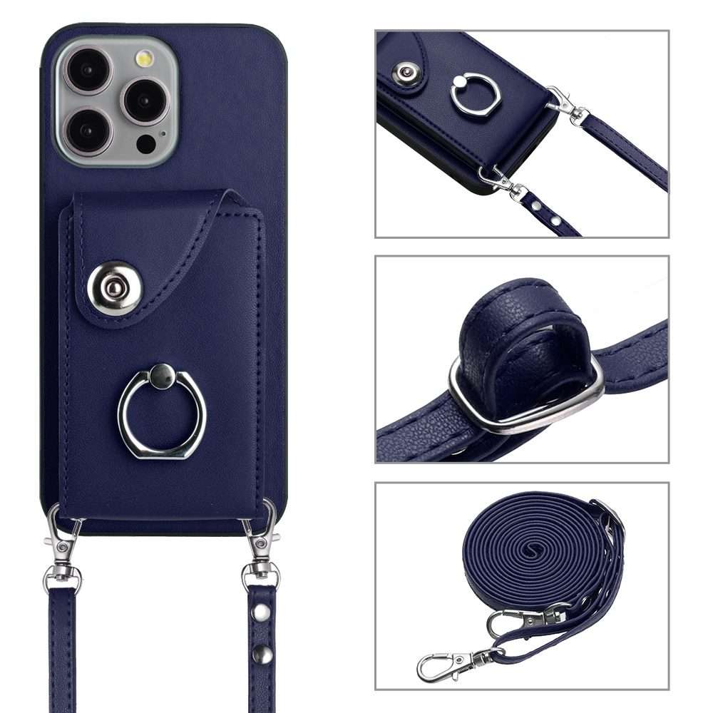 For iPhone 14 Pro Organ Card Bag Ring Holder Phone Case with Long Lanyard(Blue)
