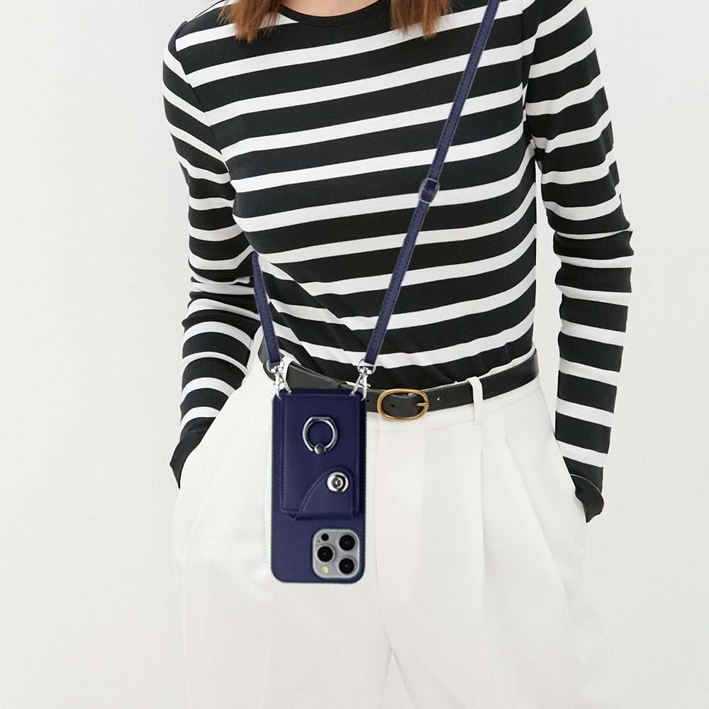 For iPhone 14 Pro Organ Card Bag Ring Holder Phone Case with Long Lanyard(Blue)