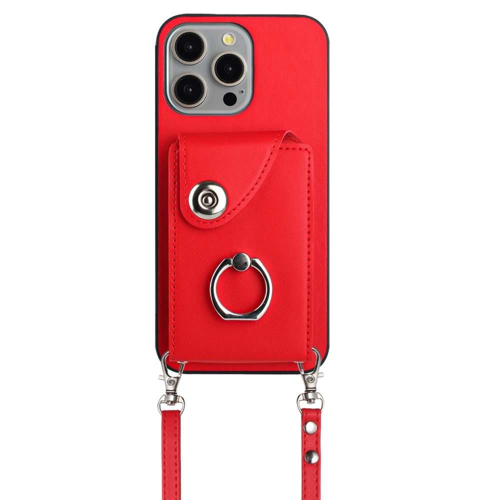 For iPhone 14 Pro Organ Card Bag Ring Holder Phone Case with Long Lanyard(Red)
