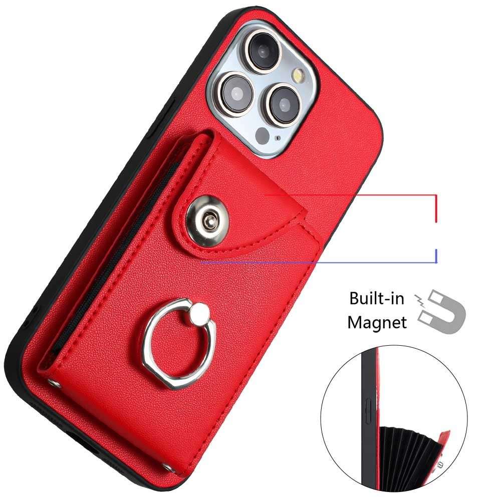 For iPhone 14 Pro Organ Card Bag Ring Holder Phone Case with Long Lanyard(Red)