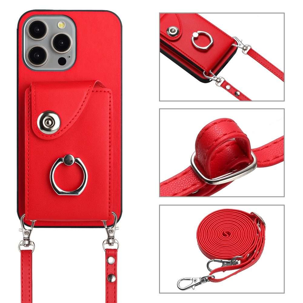 For iPhone 14 Pro Organ Card Bag Ring Holder Phone Case with Long Lanyard(Red)