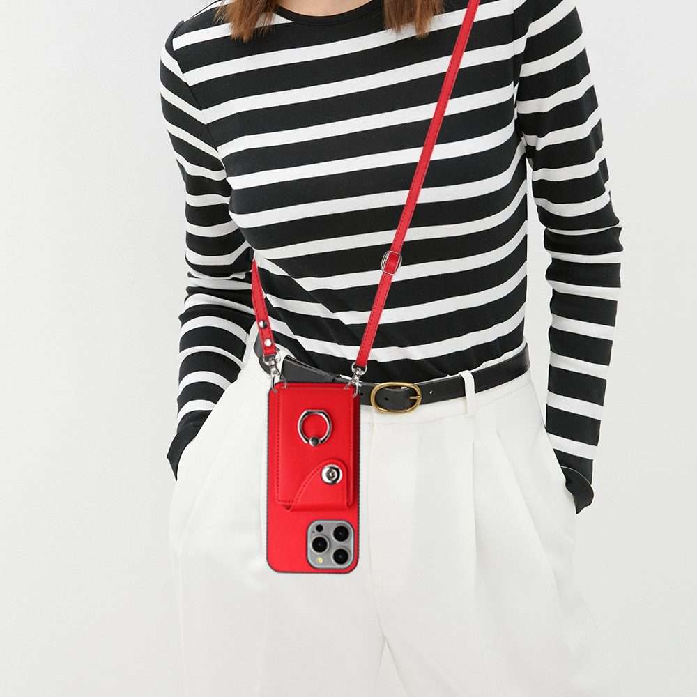 For iPhone 14 Pro Organ Card Bag Ring Holder Phone Case with Long Lanyard(Red)