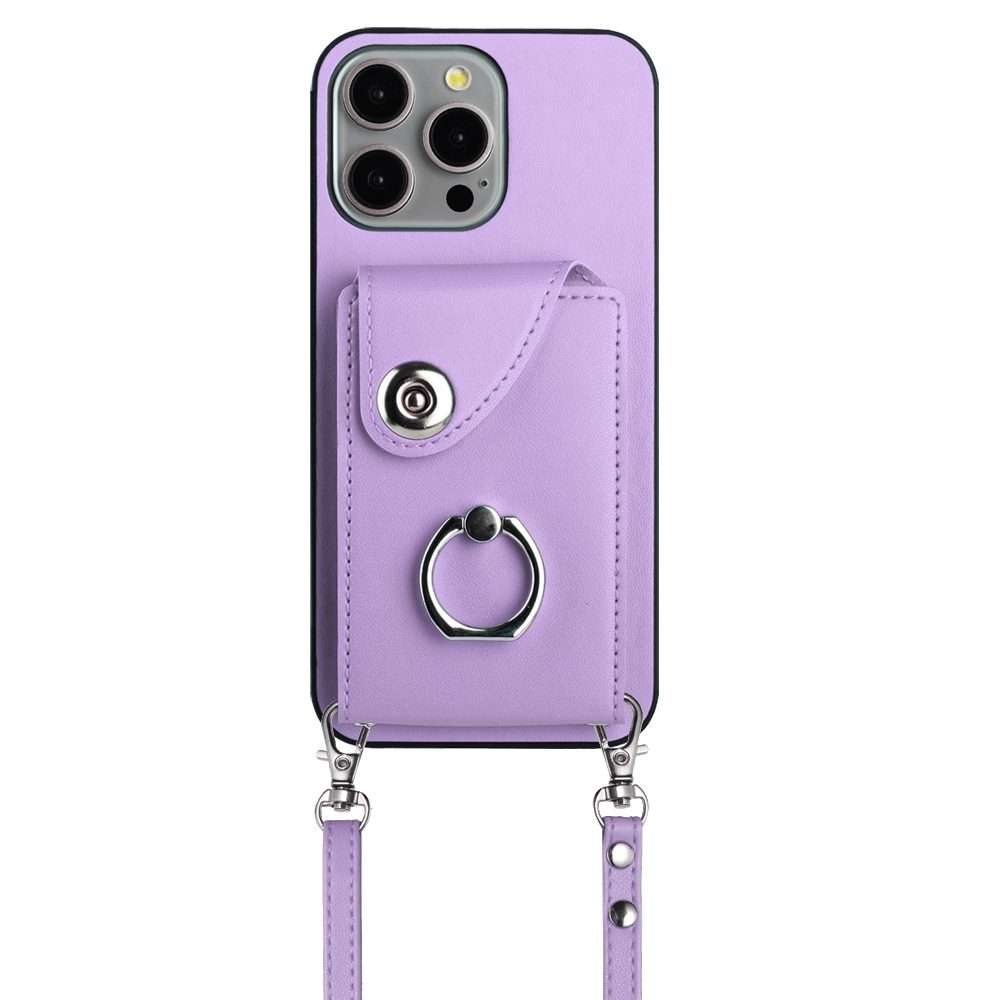 For iPhone 13 Pro Organ Card Bag Ring Holder Phone Case with Long Lanyard(Purple)