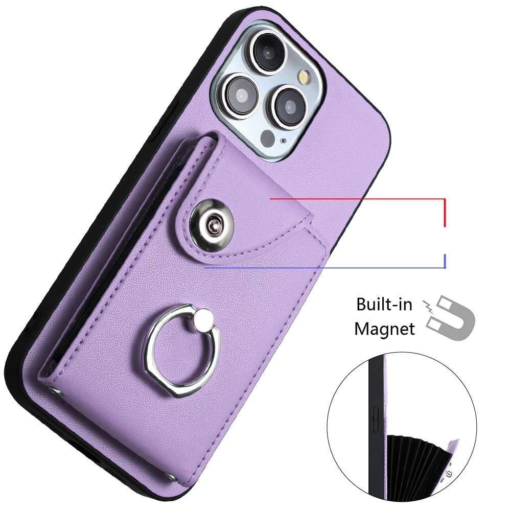For iPhone 13 Pro Organ Card Bag Ring Holder Phone Case with Long Lanyard(Purple)