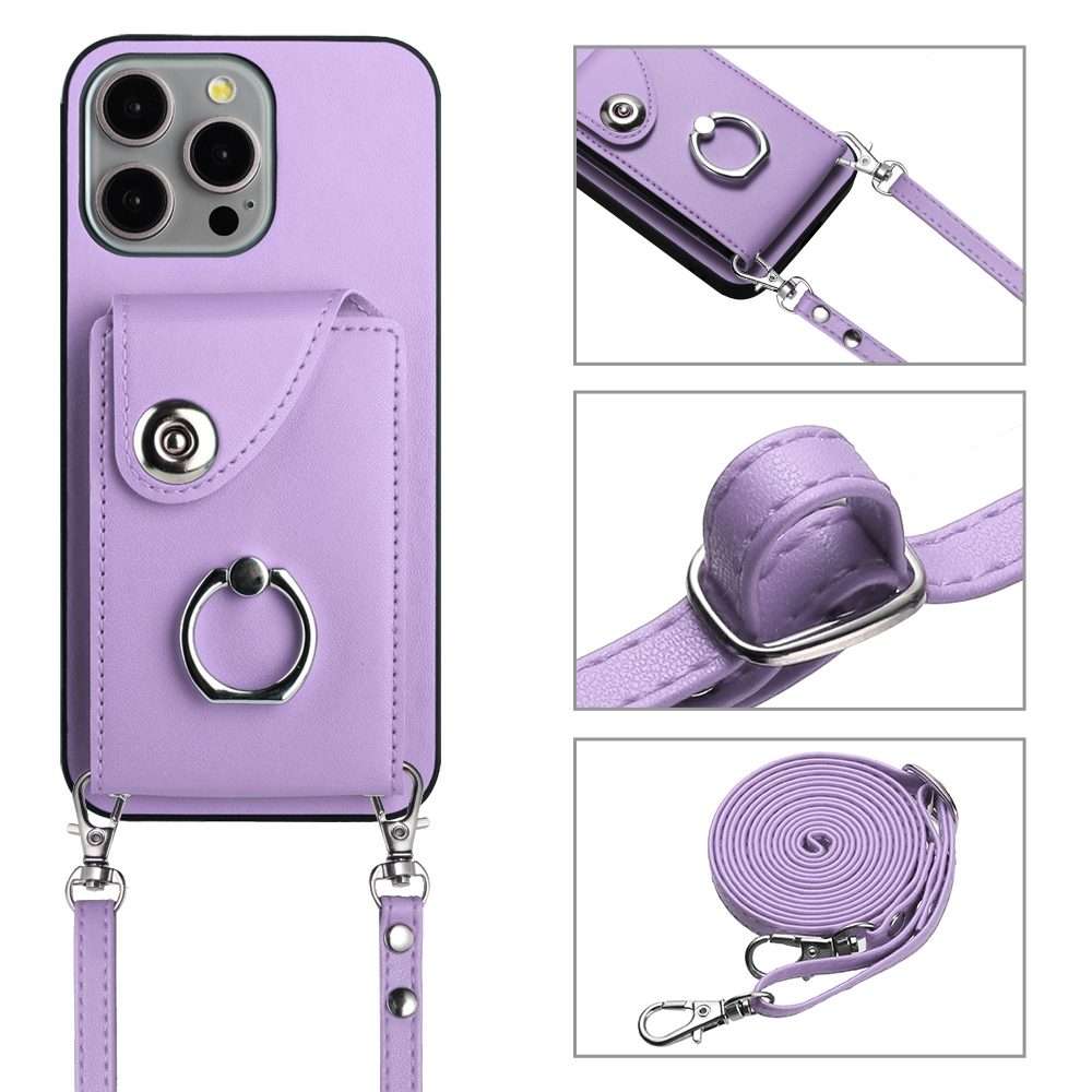 For iPhone 13 Pro Organ Card Bag Ring Holder Phone Case with Long Lanyard(Purple)