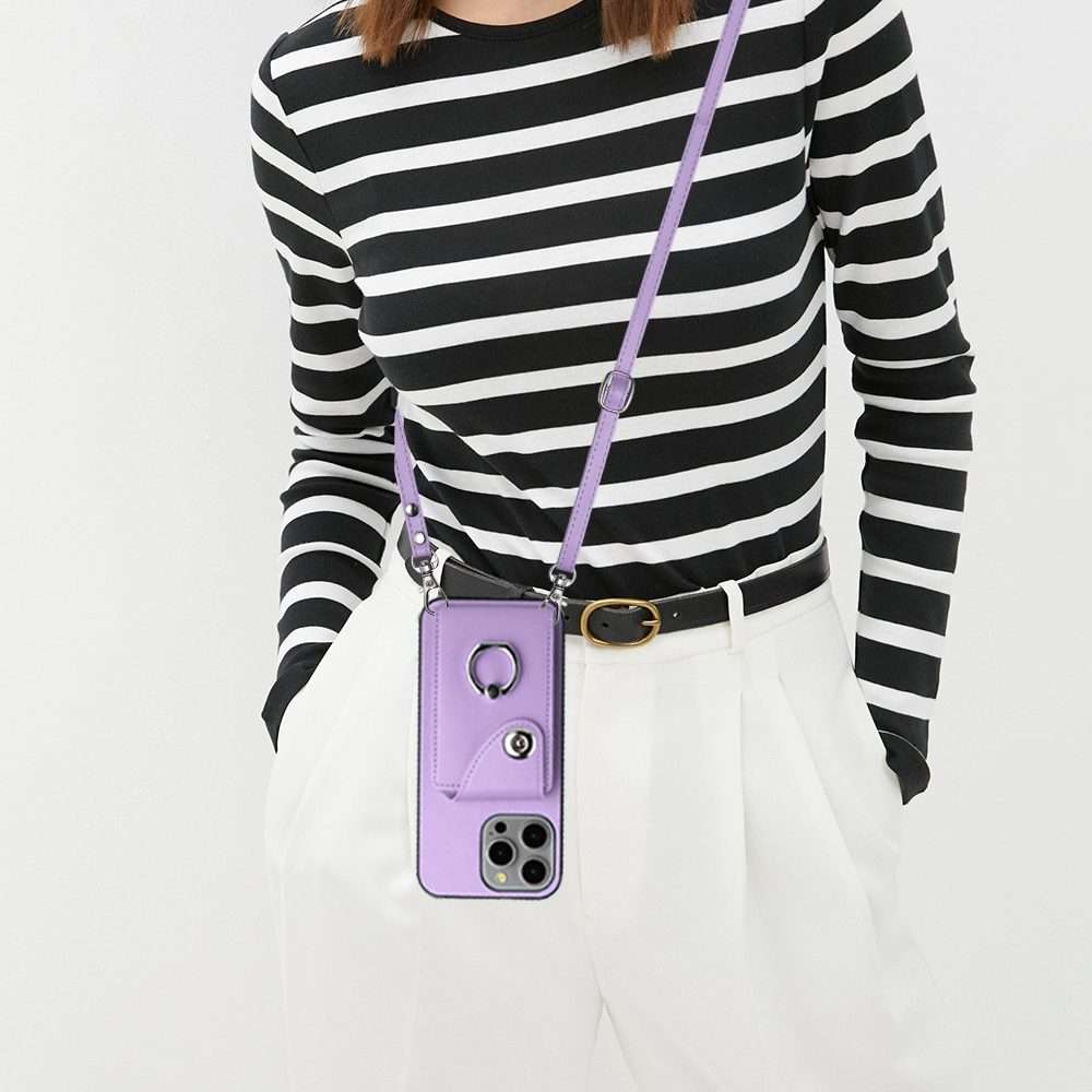 For iPhone 13 Pro Organ Card Bag Ring Holder Phone Case with Long Lanyard(Purple)