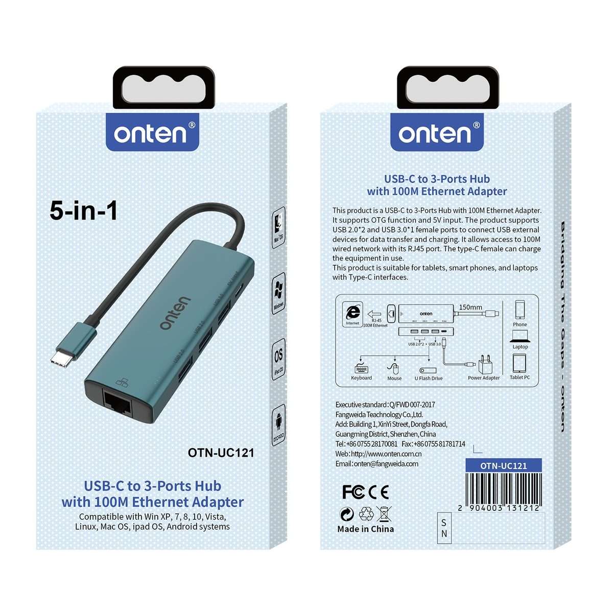 Onten UC121 5 in 1 USB-C / Type-C to USB 3.0 HUB with 5V Input & 100Mbps Network Card