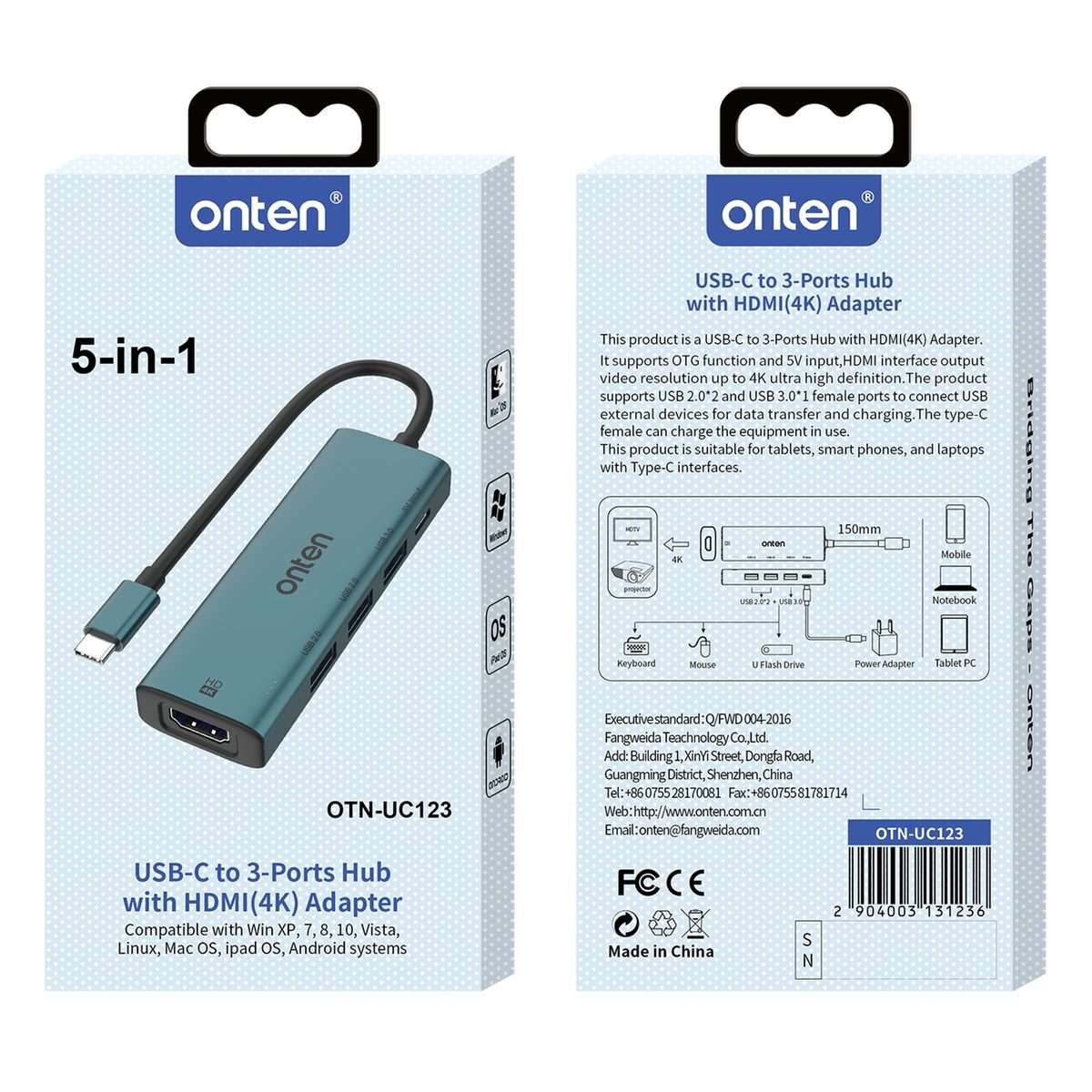 Onten UC123 5 in 1 USB-C / Type-C to HDMI + USB3.0 HUB Docking Station with 5V Input