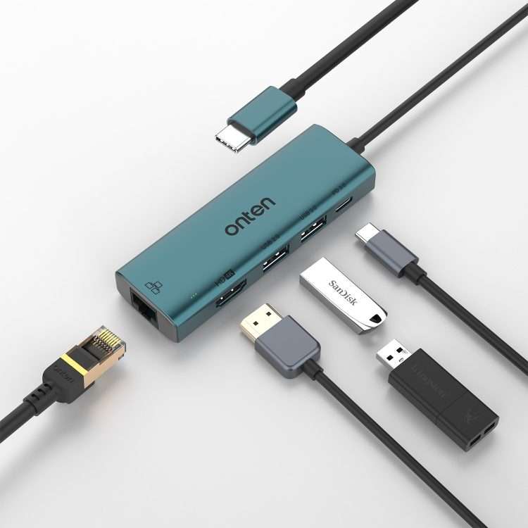 Onten UC125 5 in 1 USB-C / Type-C to HDMI+USB3.0+PD3.0 Multi-function HUB with 100Mbps Network Car