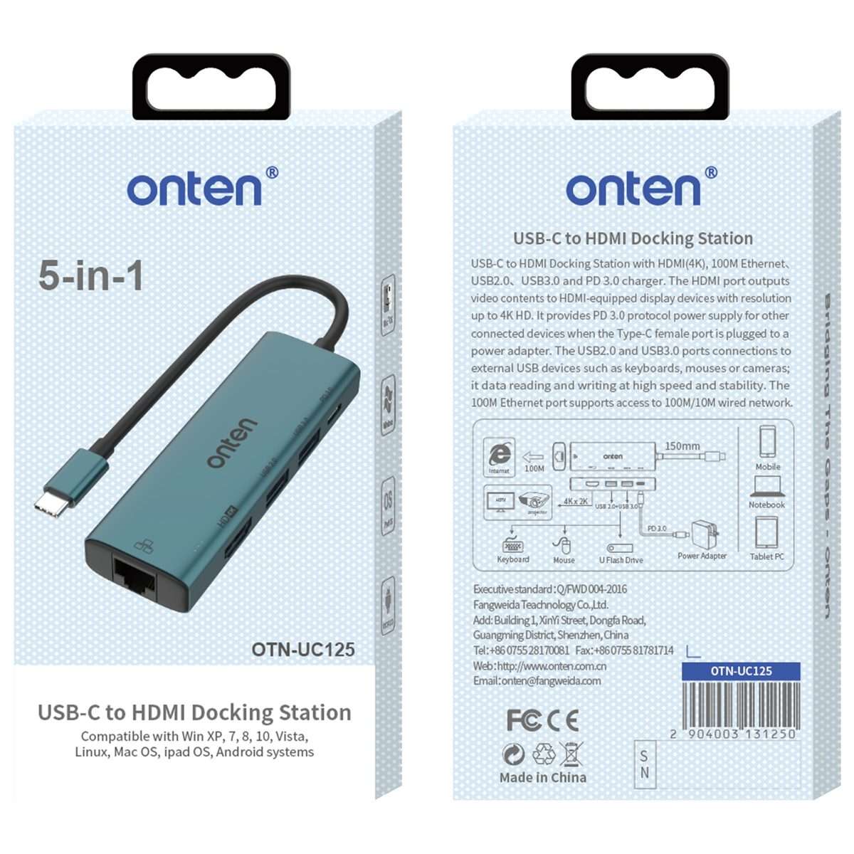 Onten UC125 5 in 1 USB-C / Type-C to HDMI+USB3.0+PD3.0 Multi-function HUB with 100Mbps Network Car